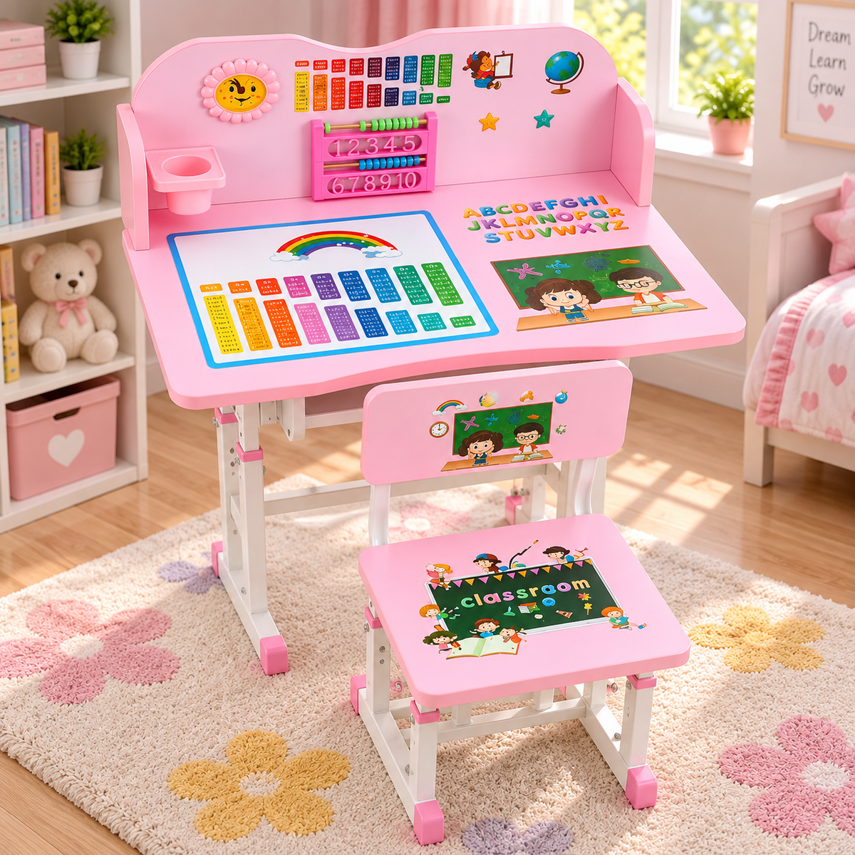 Pink children's desk and matching chair set with colorful educational graphics, shown in a bright nursery or playroom setting.