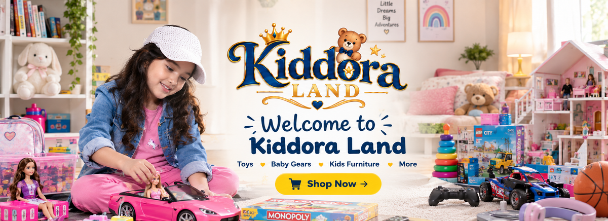 A promotional banner for Kiddora Land featuring a young girl sitting on the floor and playing with a pink toy car in a brightly decorated children's playroom. The Kiddora Land logo is prominently displayed in the center, along with a yellow 'Shop Now' button and a Monopoly logo at the bottom.