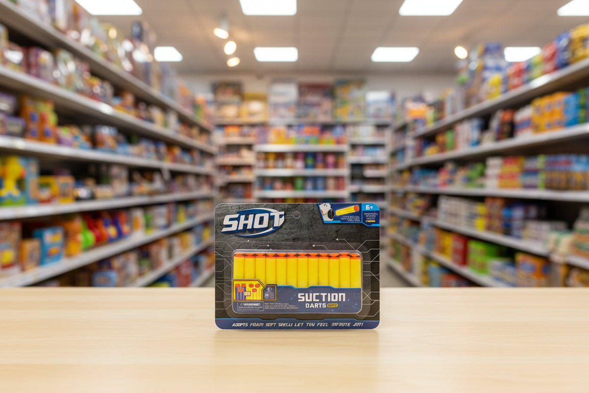 SHOT suction blots packaging on a table with a blurred store shelf background