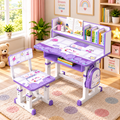 A children's adjustable desk and matching chair set in a bright, colorful room. The desk and chair feature a white and purple color scheme with cartoon bunny graphics, a built-in bookshelf, and a matching purple backpack.