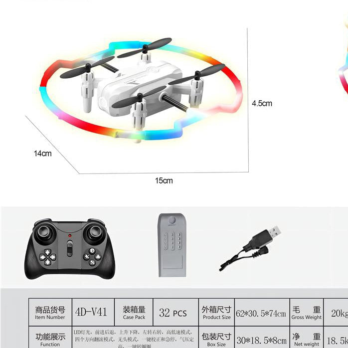 A product listing composite showing a small quadcopter drone, its remote controller, battery, USB charging cable, and a measurement/specification table. The top section shows the drone with dimension labels (14cm, 15cm, 4.