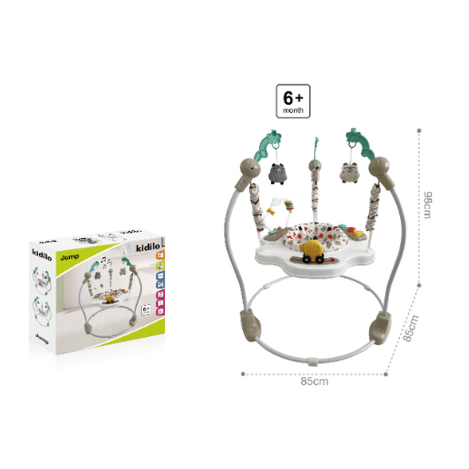 Baby jumper with toys and packaging on a white background