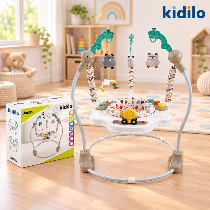 A Kidilo Jump baby jump mat with a white base, gray curved frame, and colorful animal and vehicle toys hanging from the arch, shown in a bright nursery setting next to its product box.