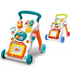 Two colorful baby walkers with various interactive elements on a white background