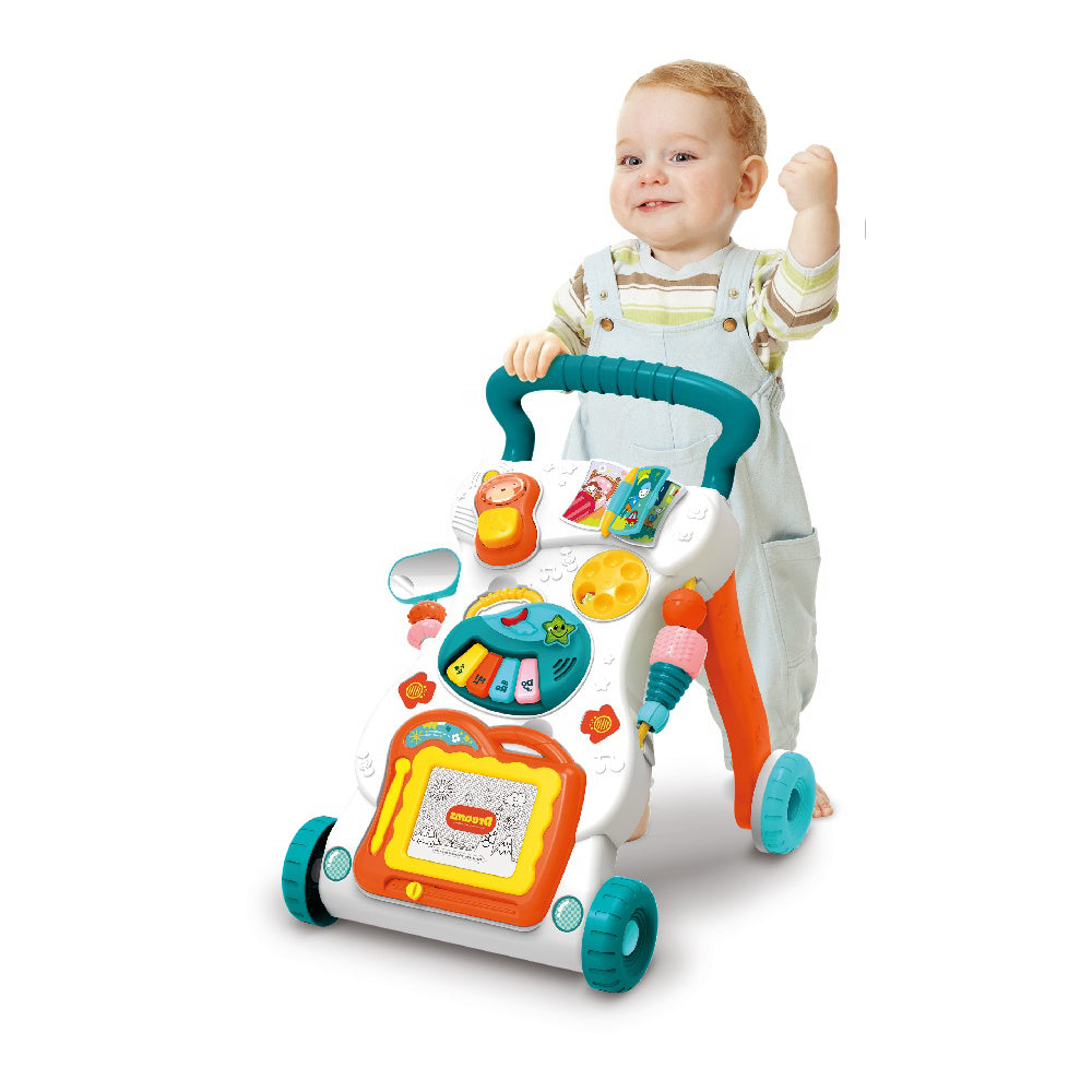 Child playing with a colorful toy walker on a white background