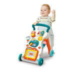 Child playing with a colorful toy walker on a white background