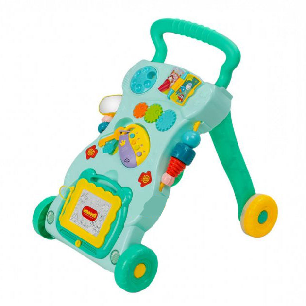 Colorful toy push cart with various buttons and lights on a white background