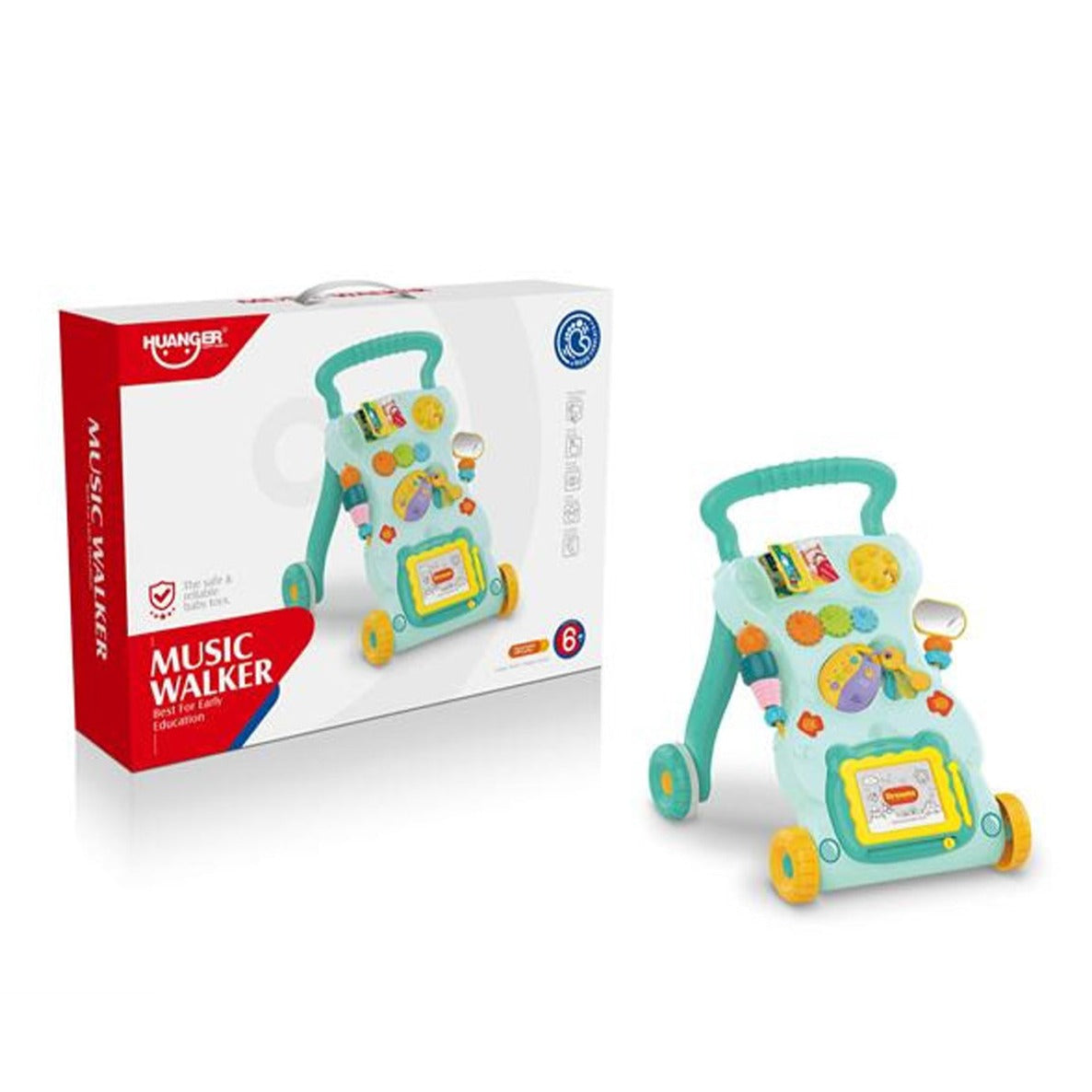 Colorful toy walker with wheels next to its packaging on a white background