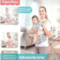 Woman holding a baby in a Fisher-Price multifunctional baby hip seat in a living room setting.
