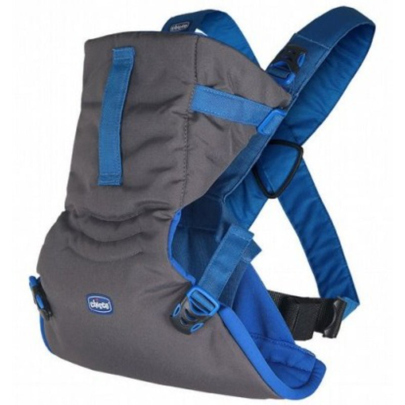 Gray and blue baby carrier with Chicco logo on a white background