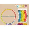 Hula hoop and colorful flexible sticks with measurements on a beige background