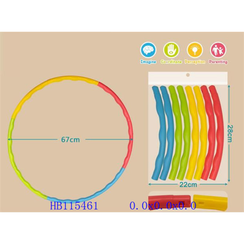 Hula hoop and colorful flexible sticks with measurements on a beige background