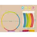 Colorful hula hoop and interlocking rings on a beige background with measurements and product code.