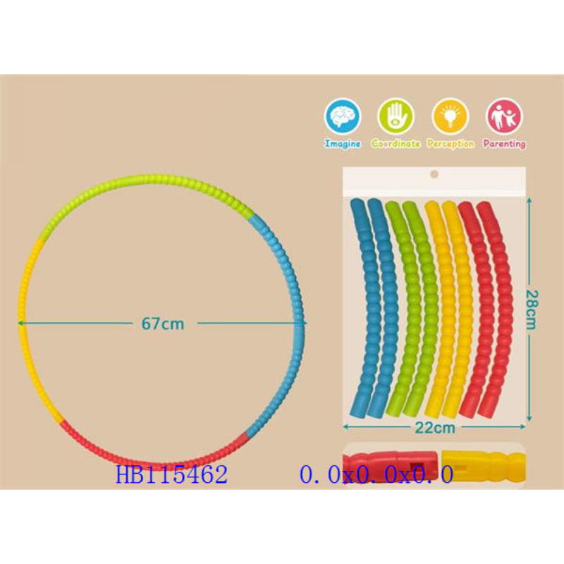 Colorful hula hoop and interlocking rings on a beige background with measurements and product code.