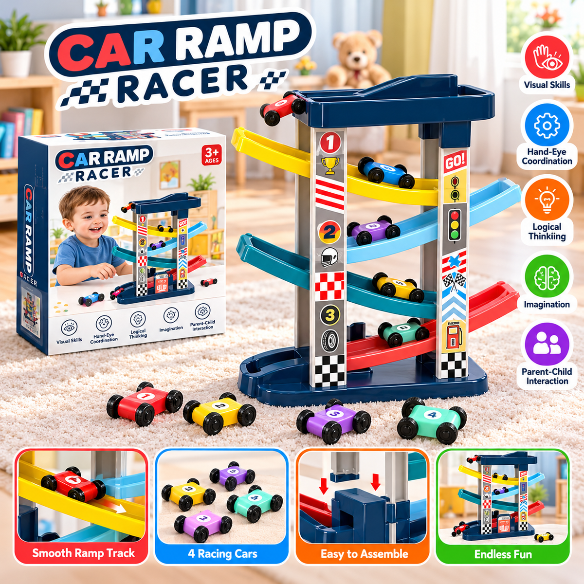 Car Ramp Racer toy set shown with its retail box, assembled multi-level ramp track, several small racing cars, and feature callout graphics on a beige carpeted floor. The packaging and graphics mention visual skills, hand-eye coordination, logical thinking, imagination, and parent-child interaction.