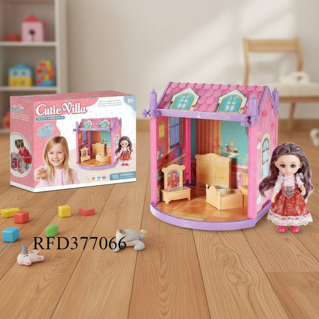 Dollhouse with furniture and a doll, next to its packaging on a wooden floor.