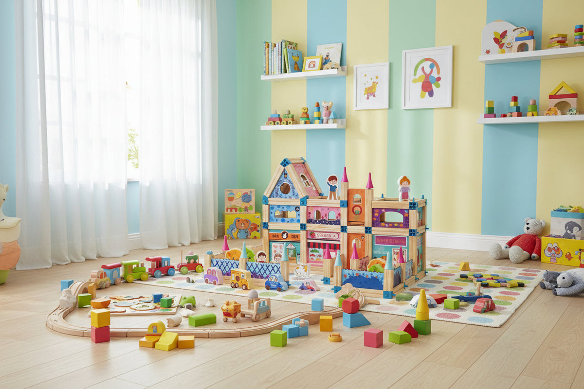 Children's playroom with colorful toys and a toy train set on a wooden floor.