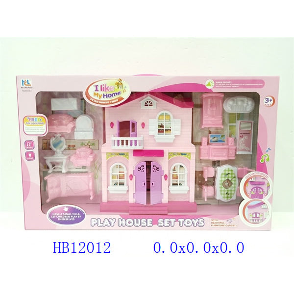 Toy playhouse set packaging with a pink and white design on a light green background