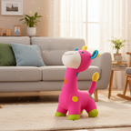 Colorful stuffed giraffe toy in a living room setting with a sofa and decor.