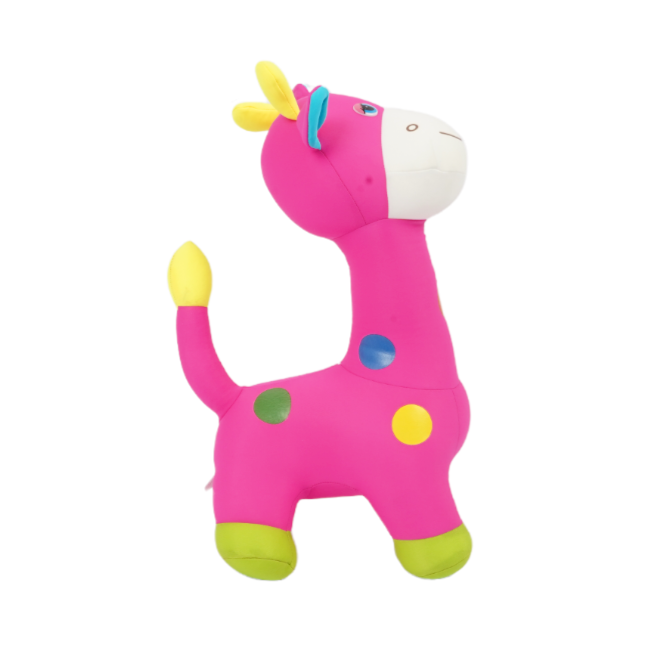 Colorful giraffe-shaped plush toy on a white background