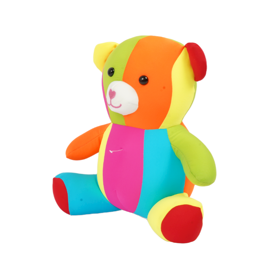 Colorful teddy bear plush toy on a white background