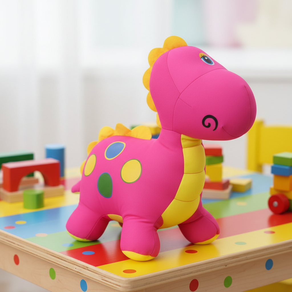 Colorful dinosaur toy on a polka dot surface with building blocks in the background
