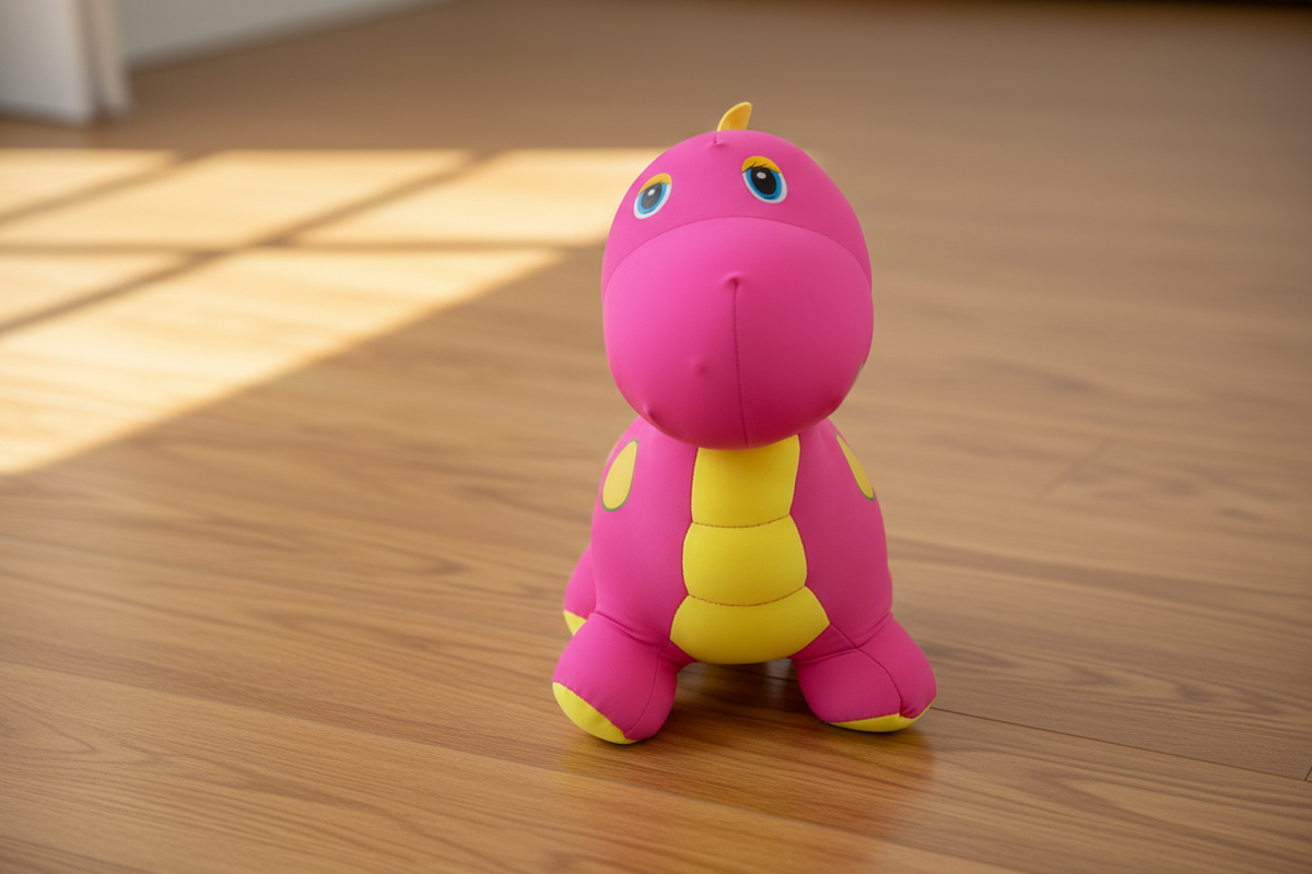 Pink and yellow dinosaur toy on a wooden floor