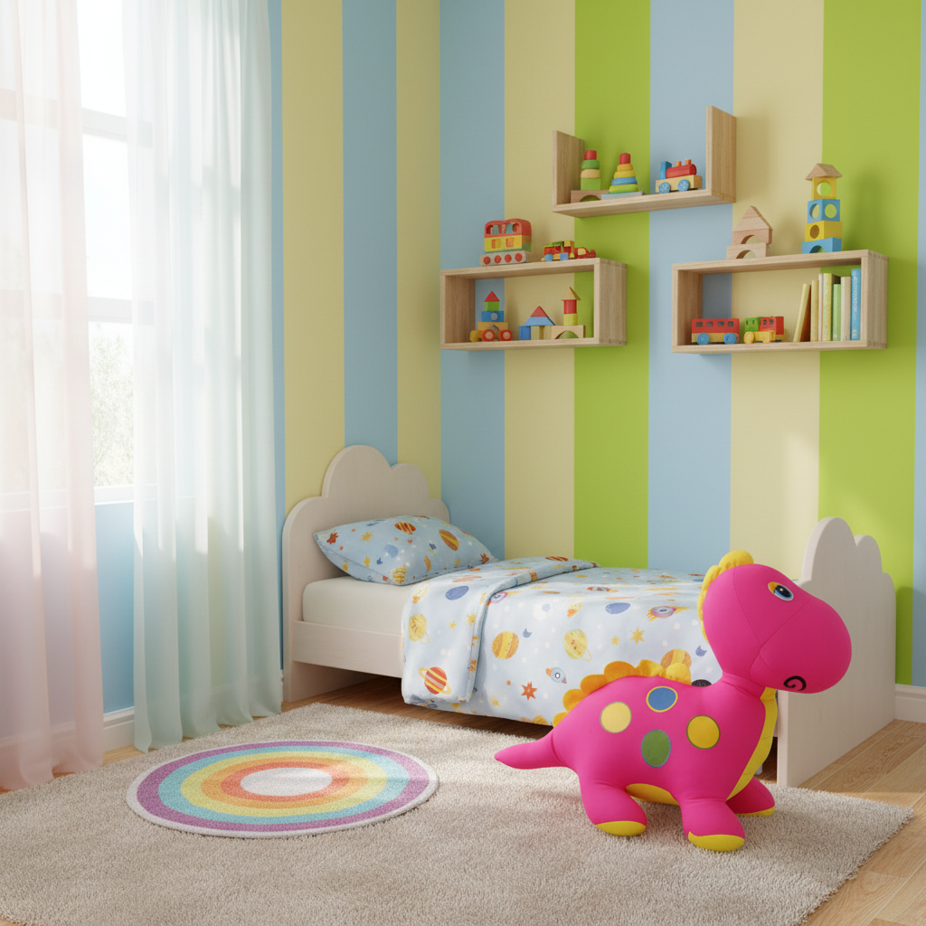 Children's bedroom with striped walls, shelves with toys, and a dinosaur toy on the floor.