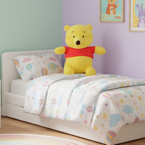 Yellow teddy bear on a child's bed with colorful bedding in a room with light purple walls.