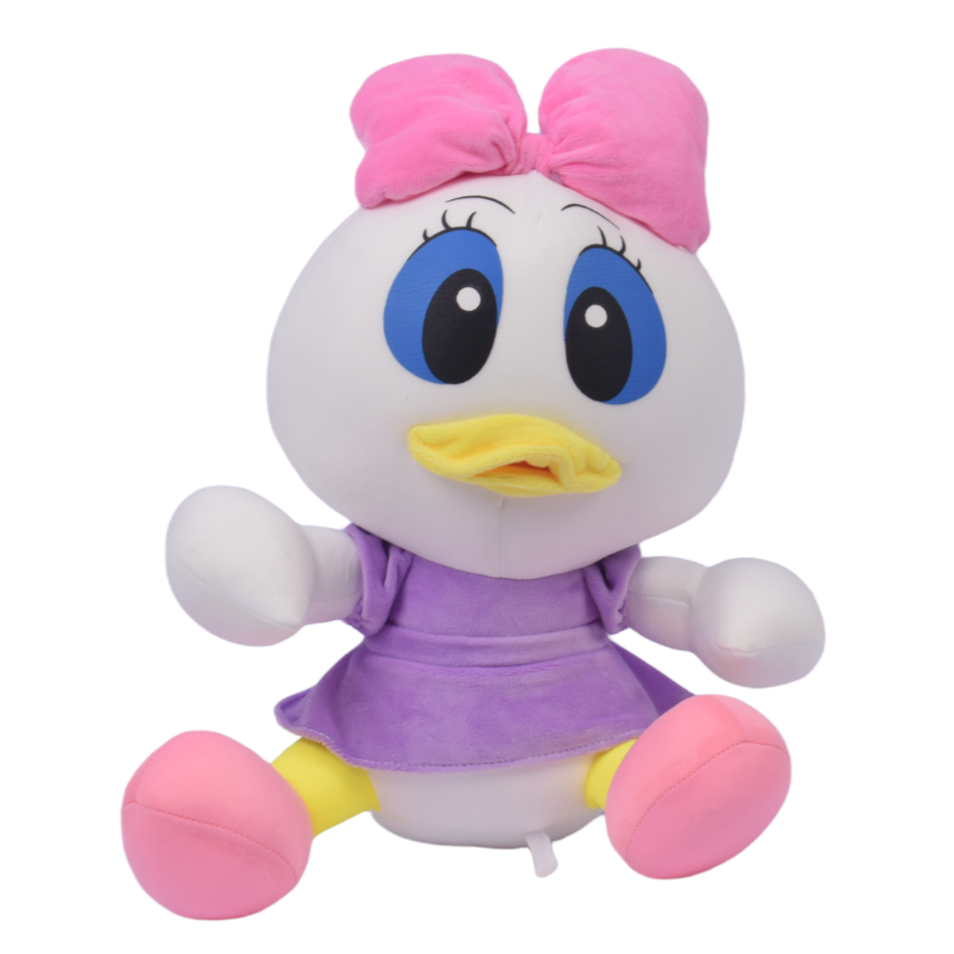 Plush toy of a cartoon duck character with pink bows and a purple outfit on a white background