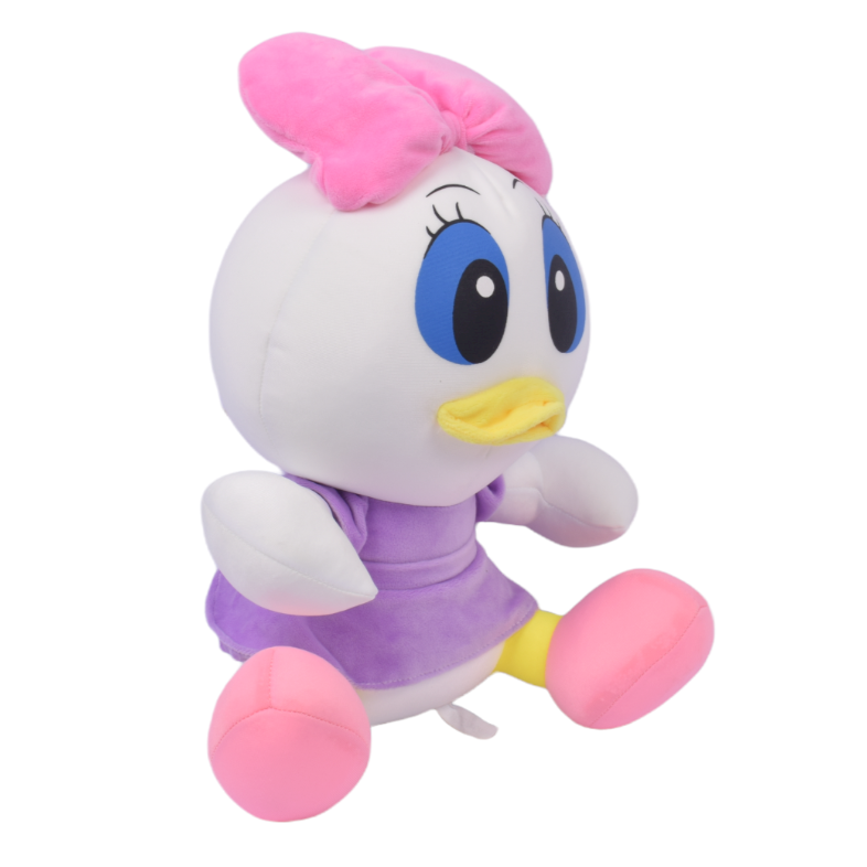 Plush toy of a cartoon character with a pink bow and purple outfit on a white background