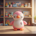 Pink toy penguin with a crown on a wooden surface, with a toy shelf in the background.