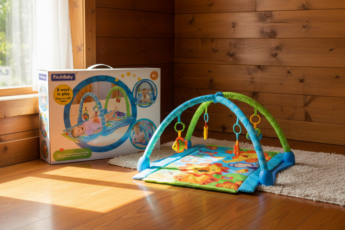 Children's play mat with arch and toys on a wooden floor next to its packaging.