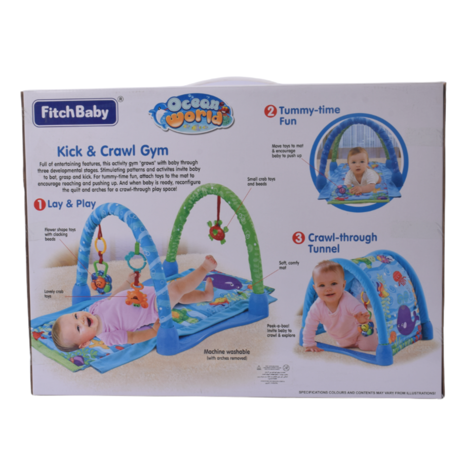 FitchBaby Kick & Crawl Gym packaging with images of a baby playing on the gym.