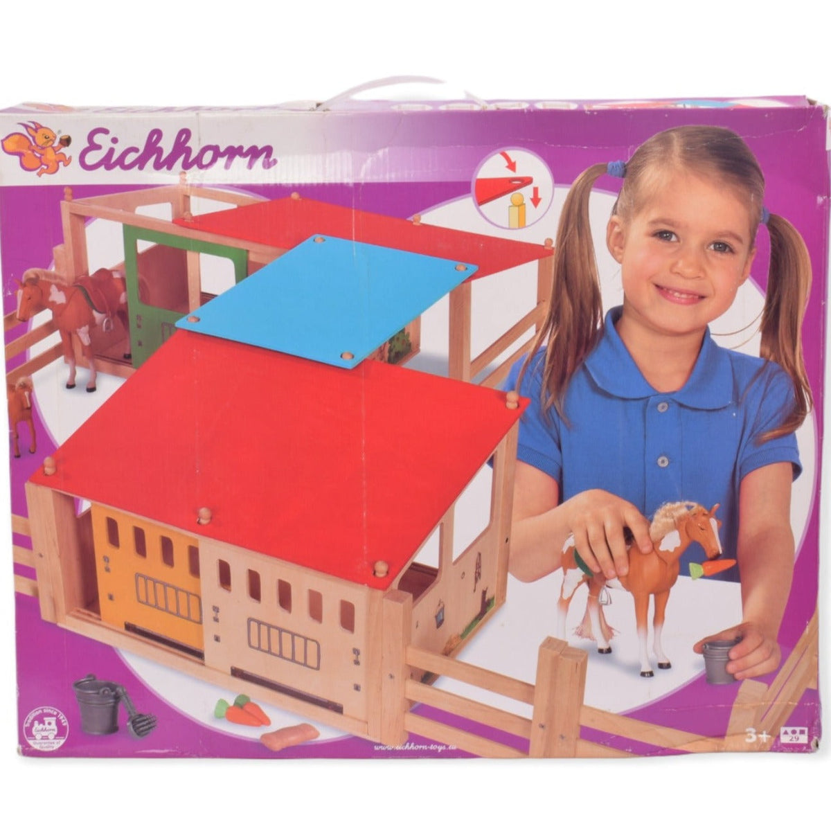 Eichhorn toy horse stable set with a child playing with horses on the packaging.