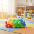 Colorful ball pit in a child-friendly room with toys and furniture.