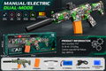 A toy dual-mode manual and electric toy gun shown with its retail box, accessories, and product information on a dark promotional background. The toy rifle has a camouflage-style pattern in green, black, white, and orange, with orange magazine inserts.