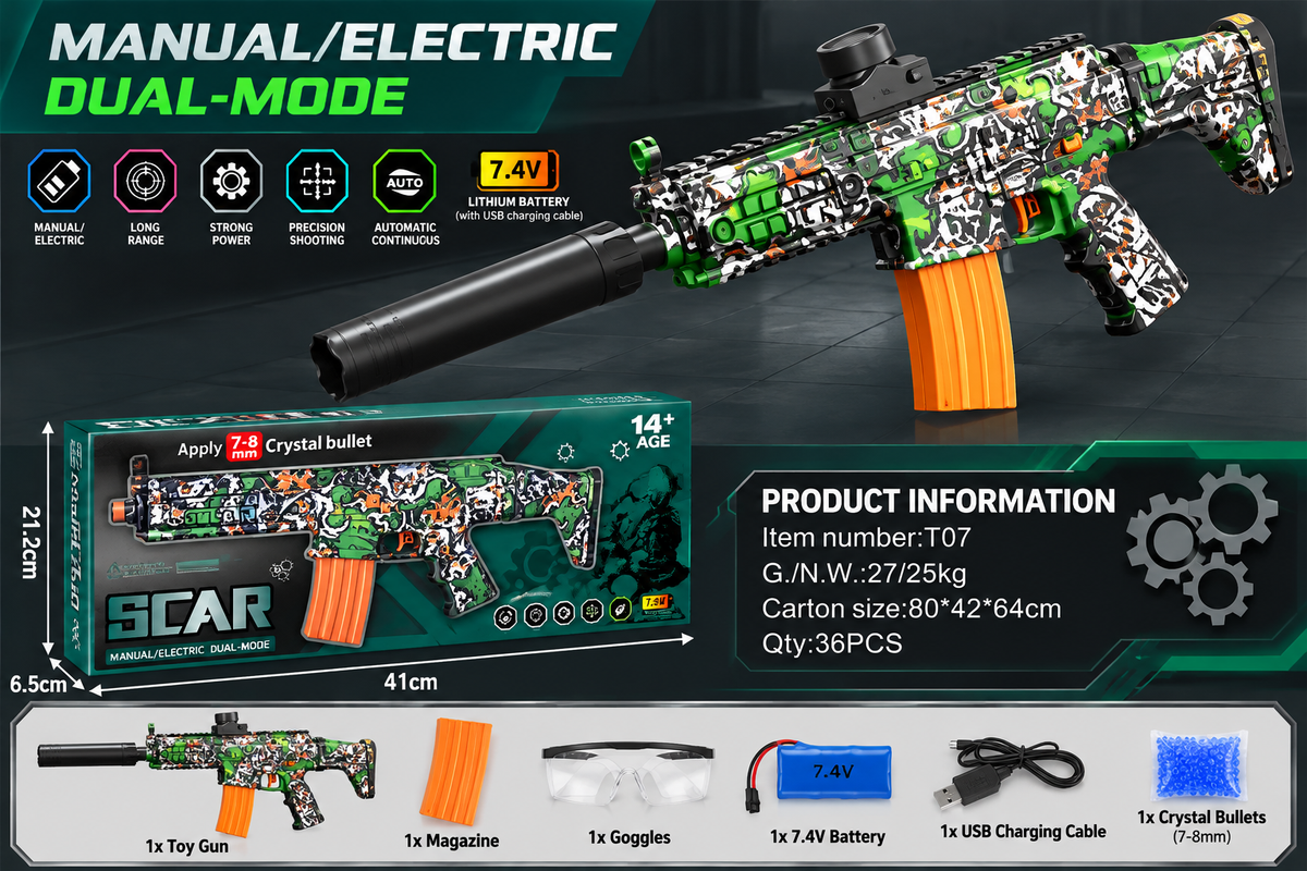 A toy dual-mode manual and electric toy gun shown with its retail box, accessories, and product information on a dark promotional background. The toy rifle has a camouflage-style pattern in green, black, white, and orange, with orange magazine inserts.
