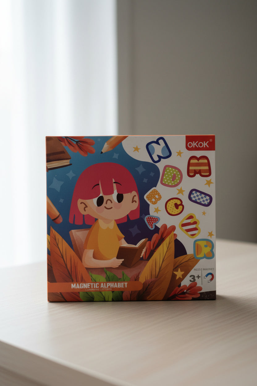 Children's educational toy box with colorful design on a white surface