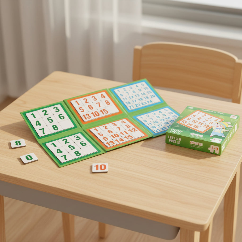 Children's number puzzle on a wooden table with a soft background