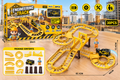 Yellow and black engineering toy track set shown with its retail box, a constructed track layout, a small black and yellow vehicle, and a worker minifigure on a wooden surface. The image includes size measurements, package contents, and feature icons such as battery operated, easy assembly, DIY track, and parent-child interaction.
