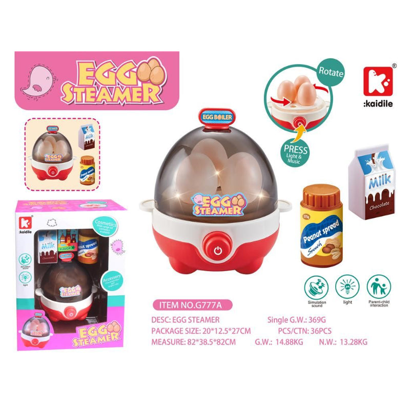 Red and white egg steamer with packaging and ingredients on a white background