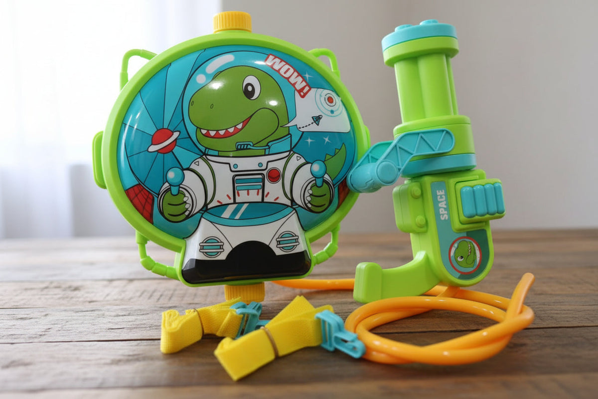 Toy water gun with space-themed design on a wooden surface