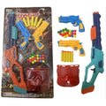 Toy blaster set with multiple plastic toy guns, yellow foam darts, and colorful balls, shown both in retail packaging on the left and unpackaged on the right against a white background.