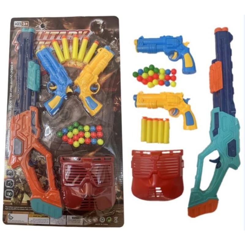 Toy blaster set with multiple plastic toy guns, yellow foam darts, and colorful balls, shown both in retail packaging on the left and unpackaged on the right against a white background.
