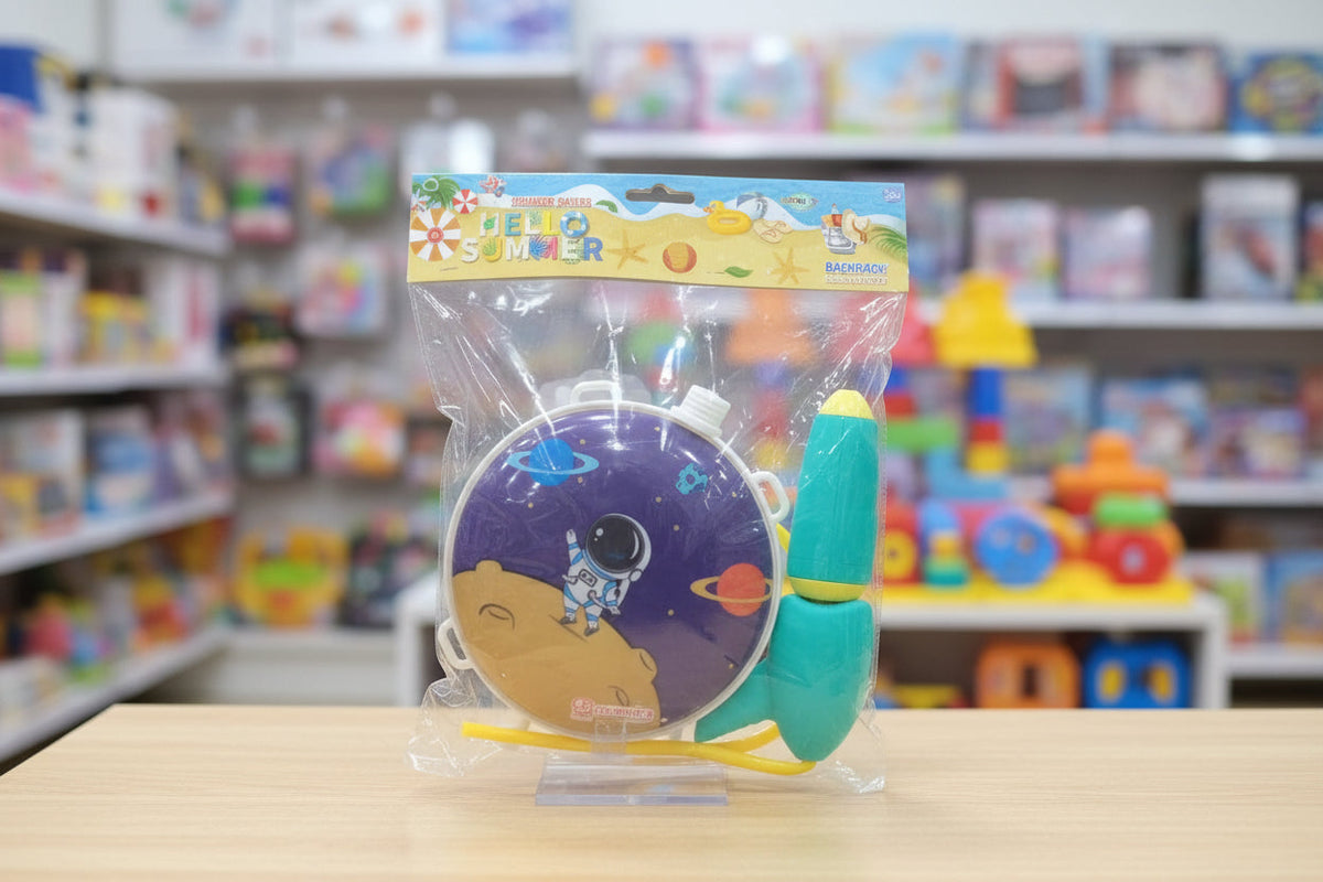 Toy with a space-themed design on a stand in a toy store setting