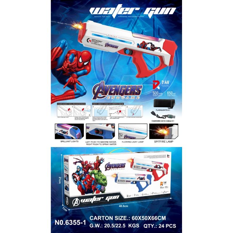 Marvel Avengers Water Gun toy set packaging and product display on a blue graphic background. The image shows a large product hero shot with Spider-Man artwork, feature icons, a power bank, and the retail box below, with text indicating 24 pieces and dimensions.
