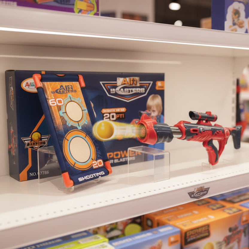 Toy air blaster with packaging on a store shelf