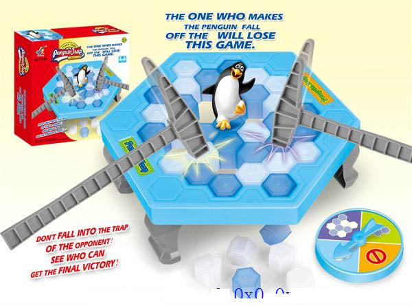 Penguin game with ice platform and penguin figure, featuring text and packaging on a light yellow background.