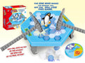 Penguin game with ice platform and penguin figure, featuring text and packaging on a light yellow background.